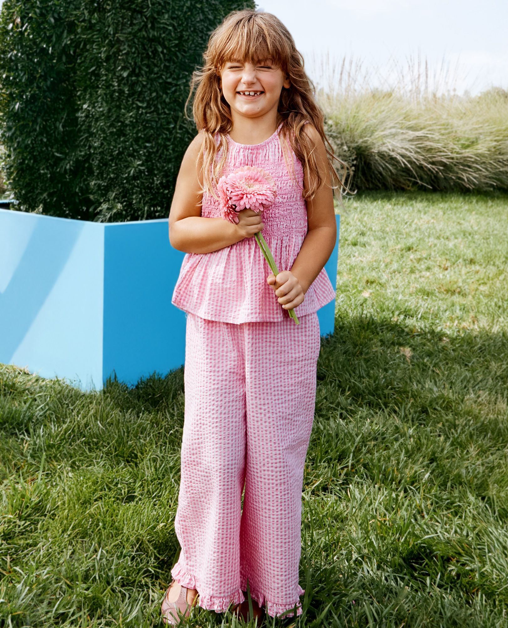 Sleeveless Seersucker Top & Wide Leg Pants Set in Pink Gingham - main