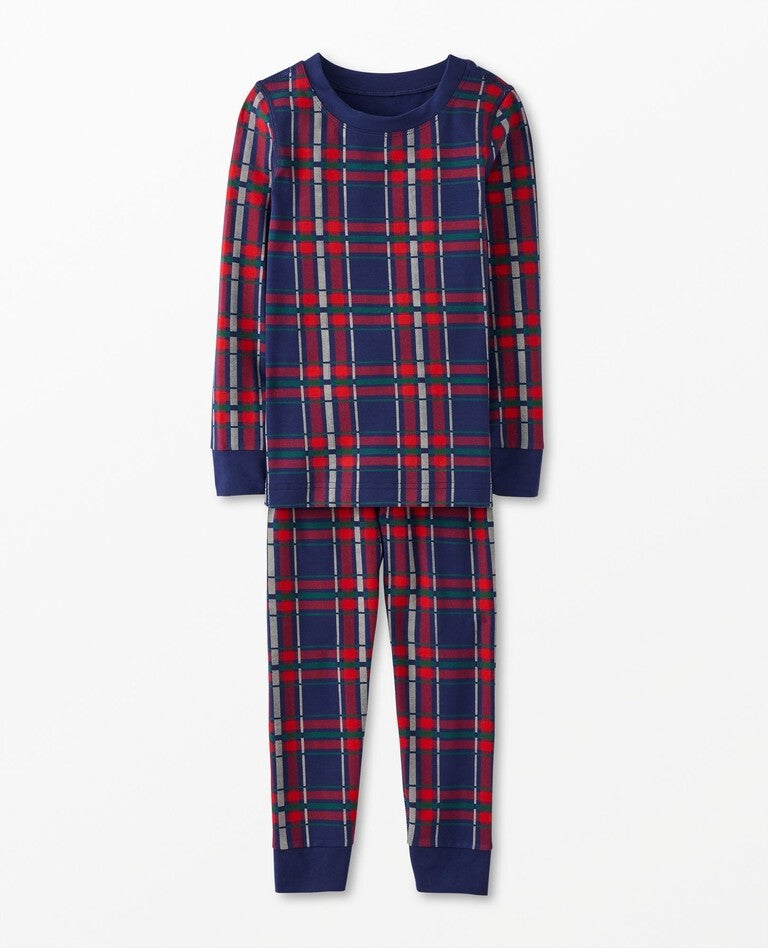Kids Holiday Long John Pajama Set in HannaSoft&trade; in Navy Plaid - main