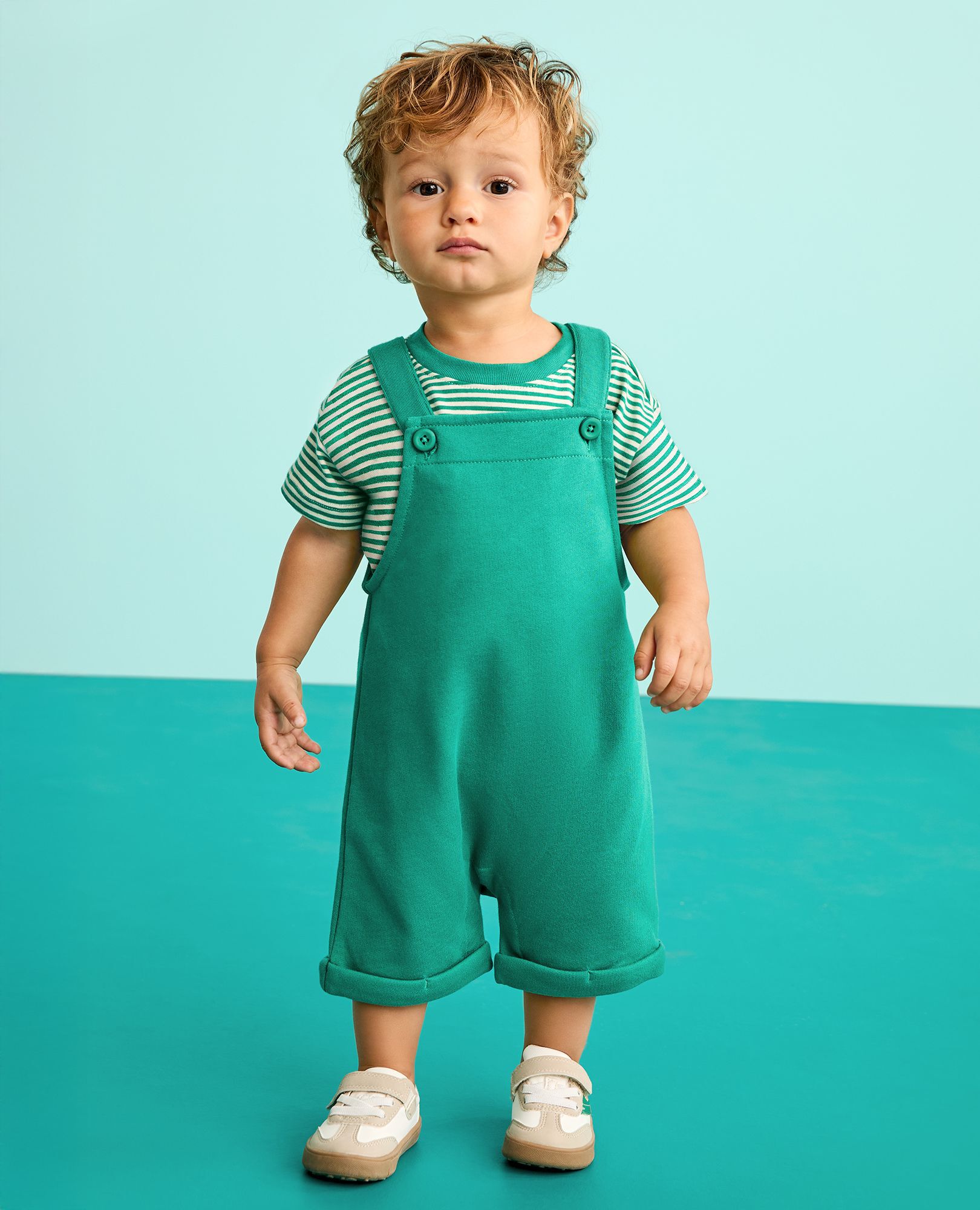 Baby T-Shirt & French Terry Shortalls Set in Gumdrop Green/Ecru - main