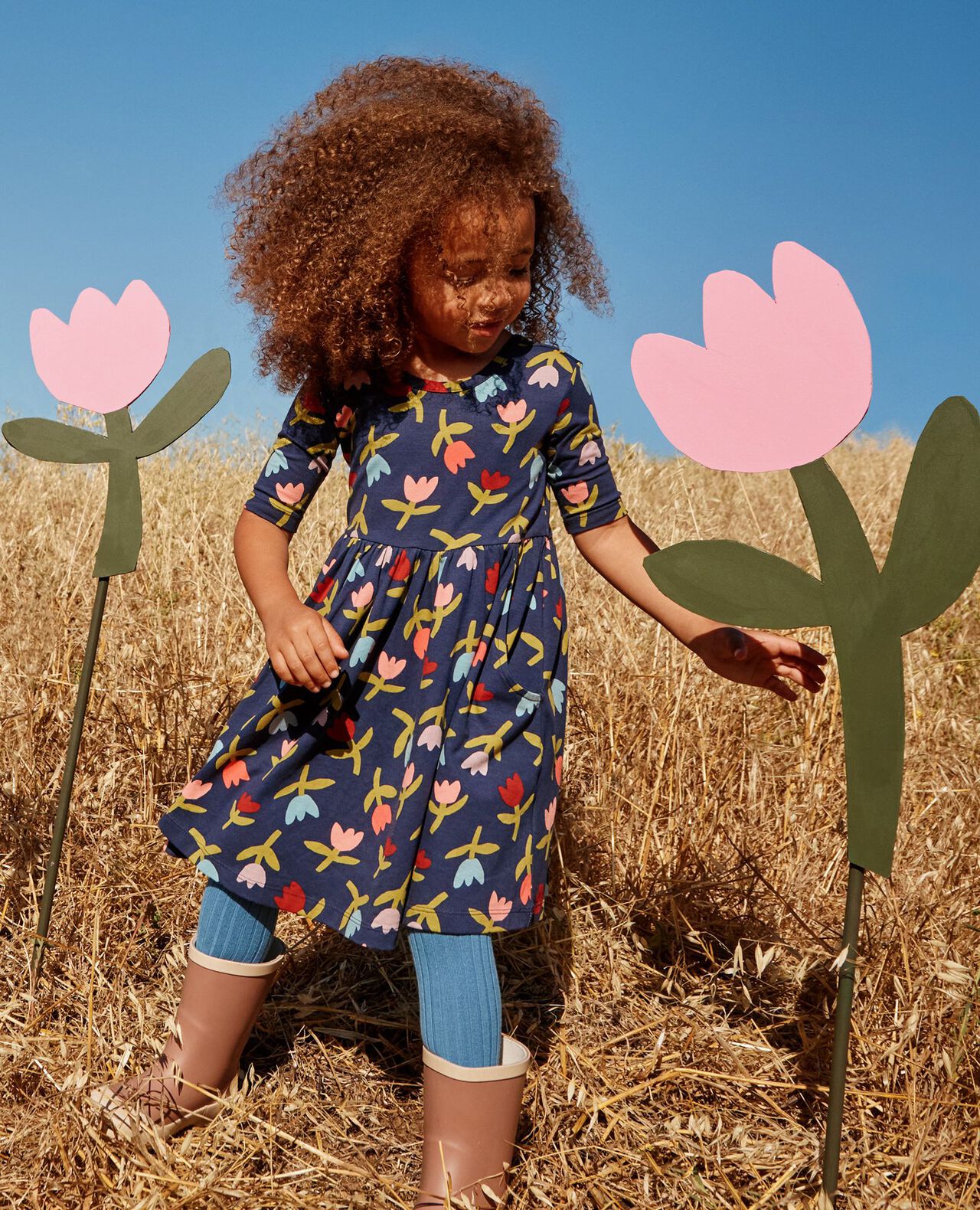 Elbow Sleeve Skater Dress with Pockets in Multi Tulips on Navy - main