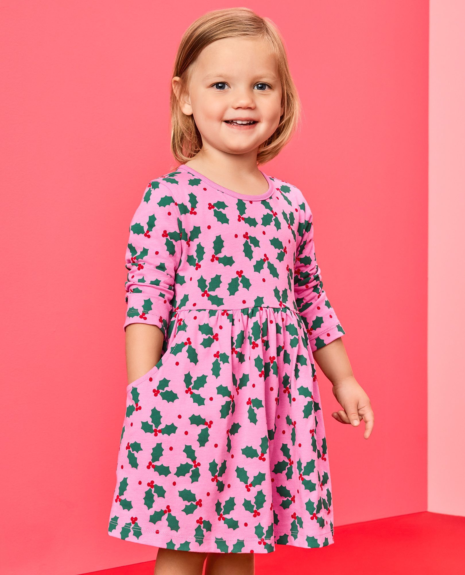 Long Sleeve Everywhere Dress with Pockets in Holly Jolly on Fuchsia Pink - main