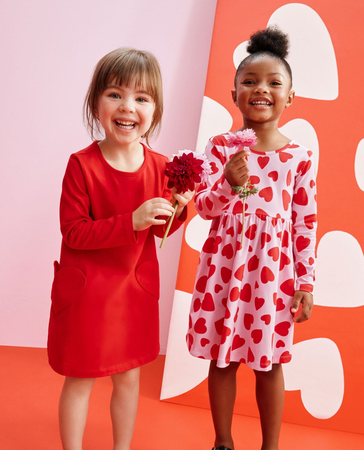 Long Sleeve Skater Dress with Pockets in Artful Hearts on Pink - main