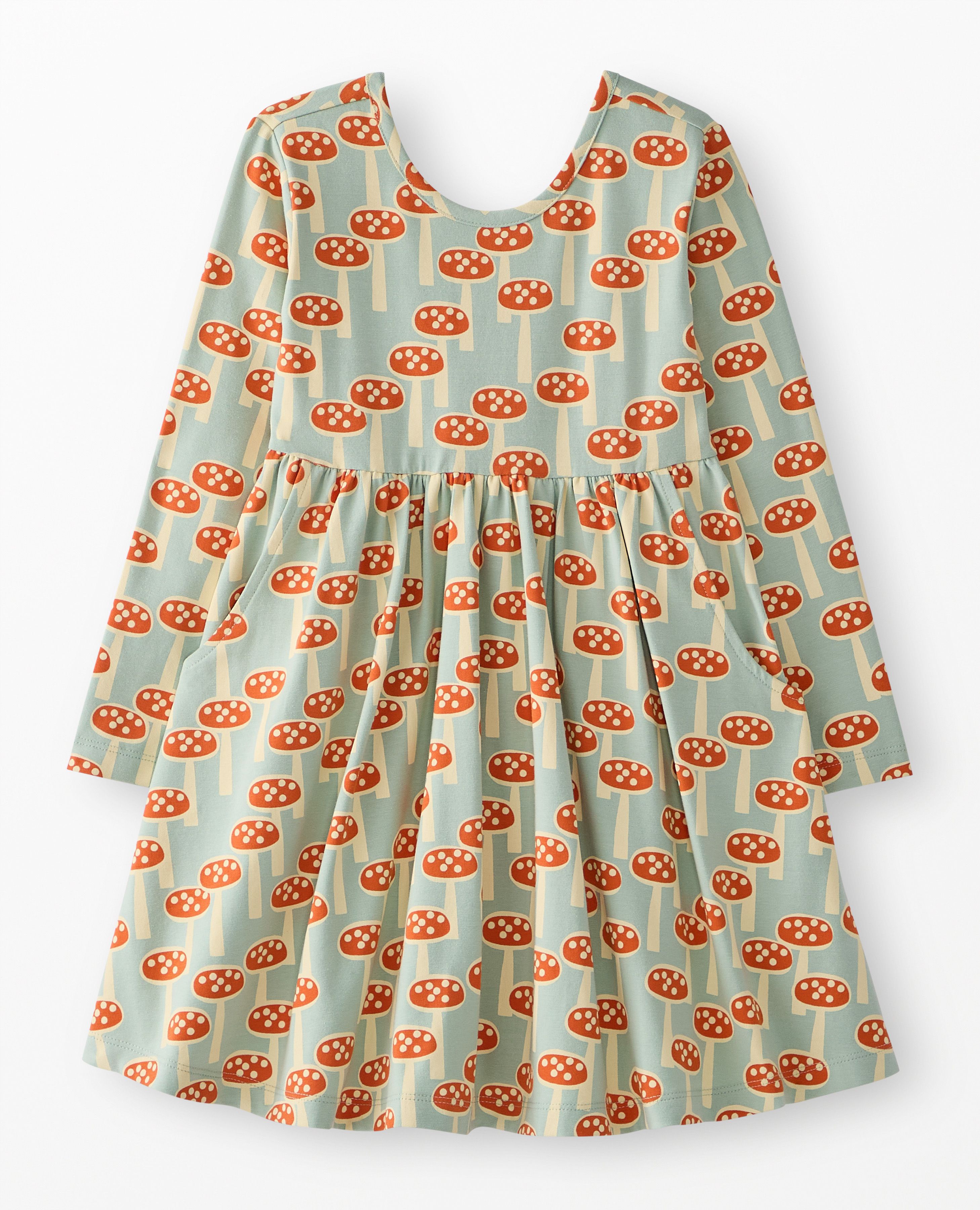 Long Sleeve Skater Dress with Pockets in Mushrooms on Seafoam - main