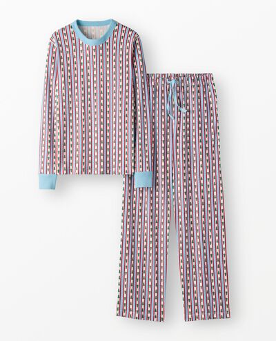 Adult Holiday Relaxed Fit Pajama Set in Tree Ribbons on Blue - main