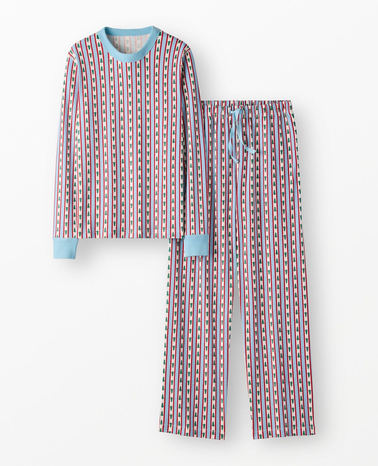 Adult Holiday Relaxed Fit Pajama Set in Tree Ribbons on Blue - main