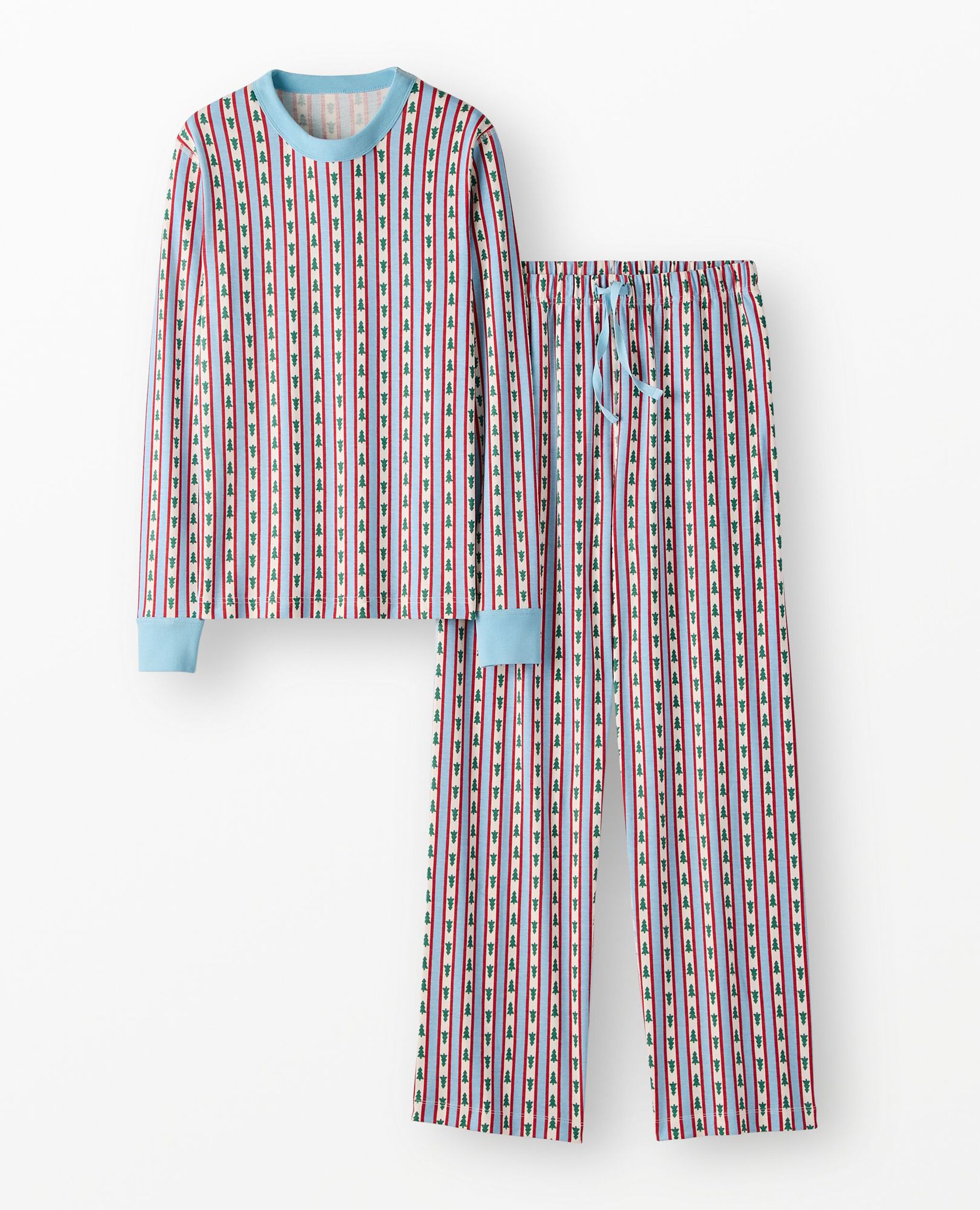 Adult Holiday Relaxed Fit Pajama Set in Tree Ribbons on Blue - main