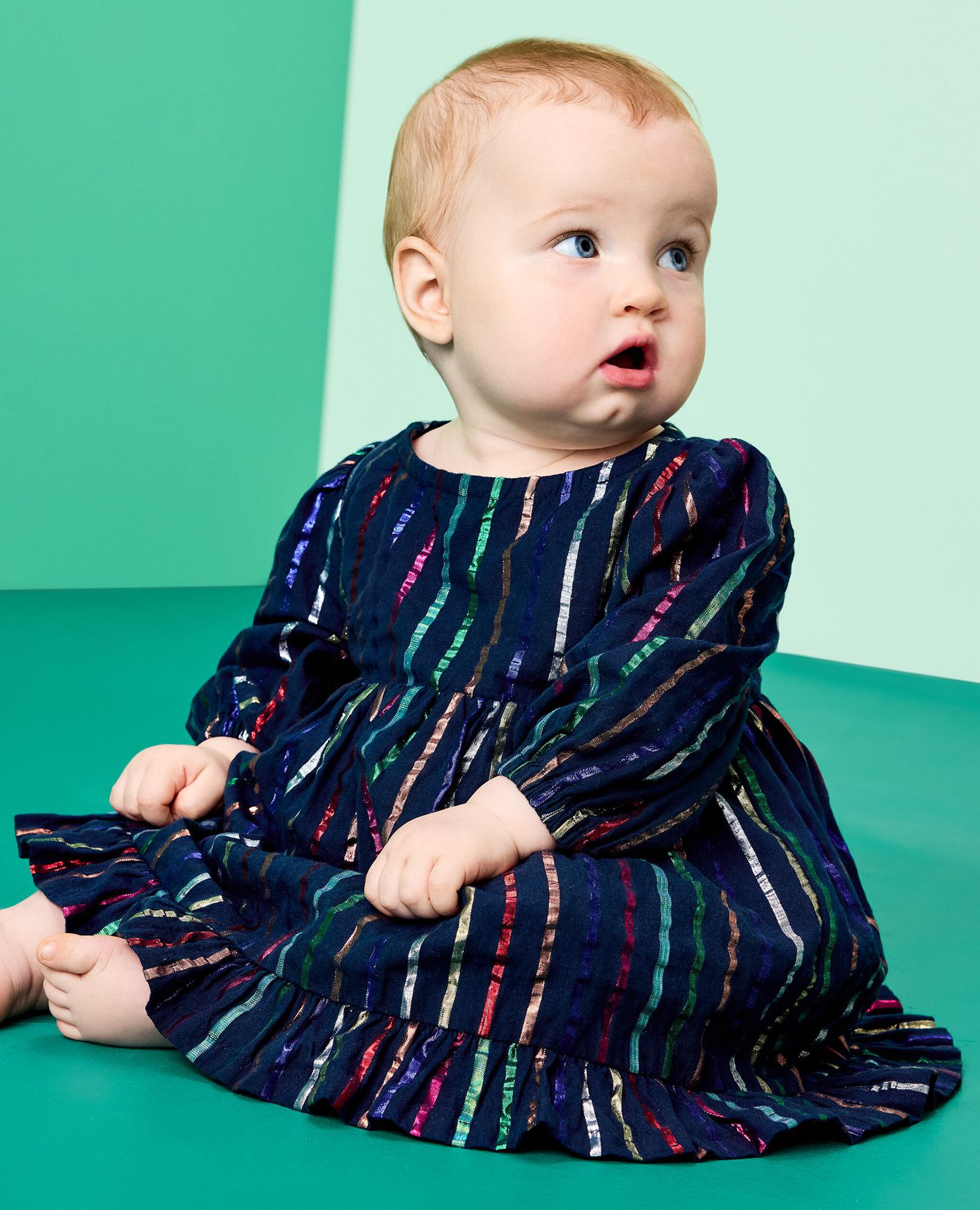 Baby Long Sleeve Metallic Striped Dress & Bloomers Set in Sparkle Stripe on Navy - main