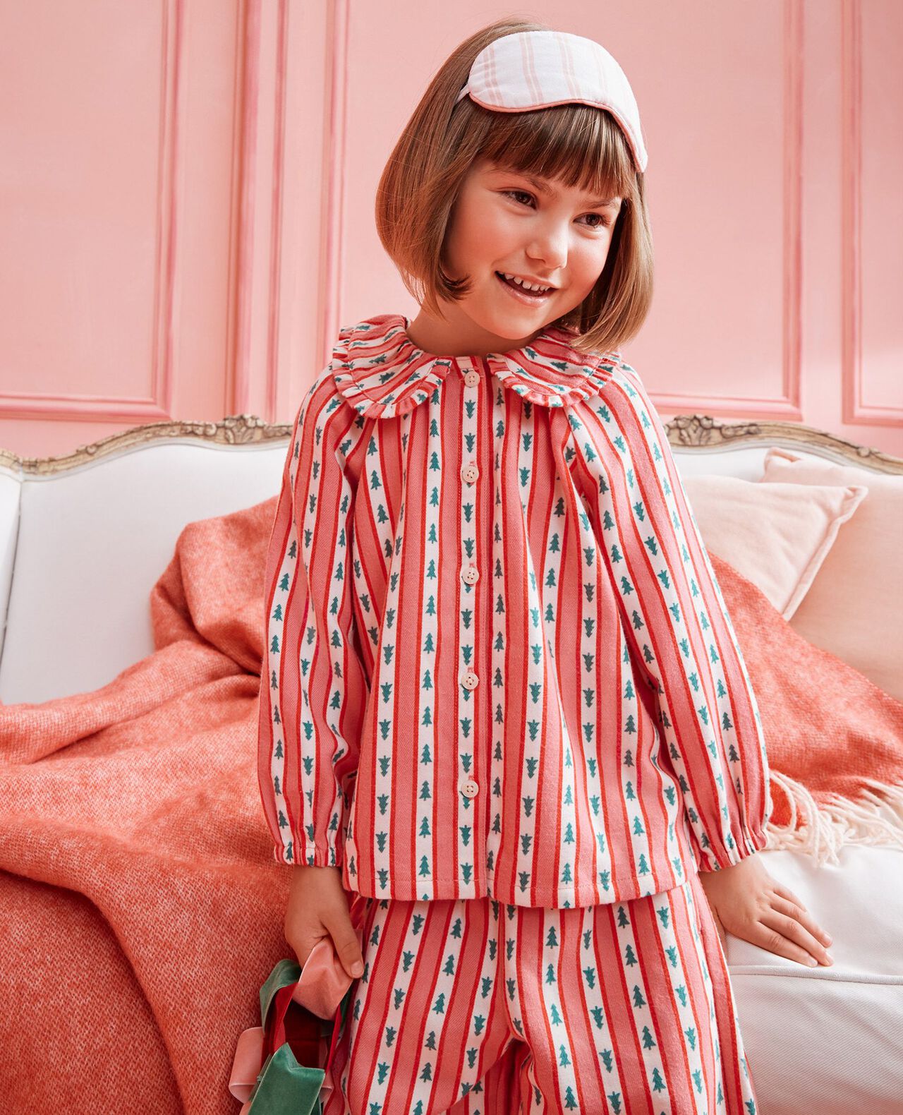 Holiday Flannel Ruffle Pajama Set in Tree Ribbons on Pink - main