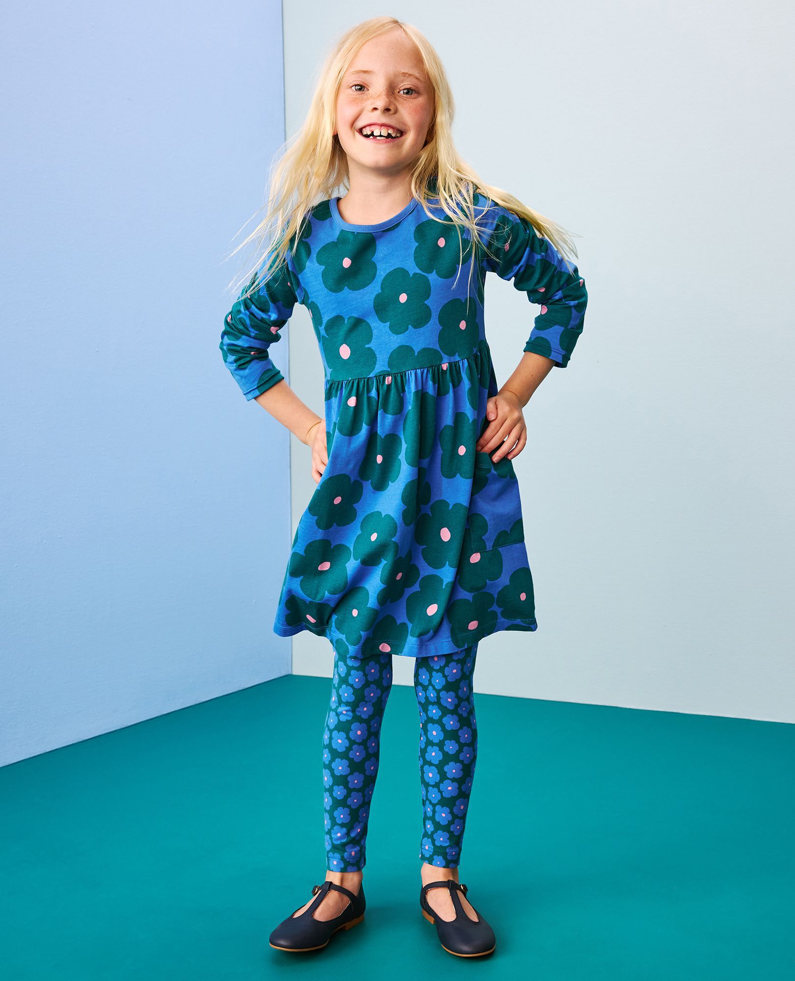 Long Sleeve Playground Dress with Pockets in Floral on Bluest Sky - main
