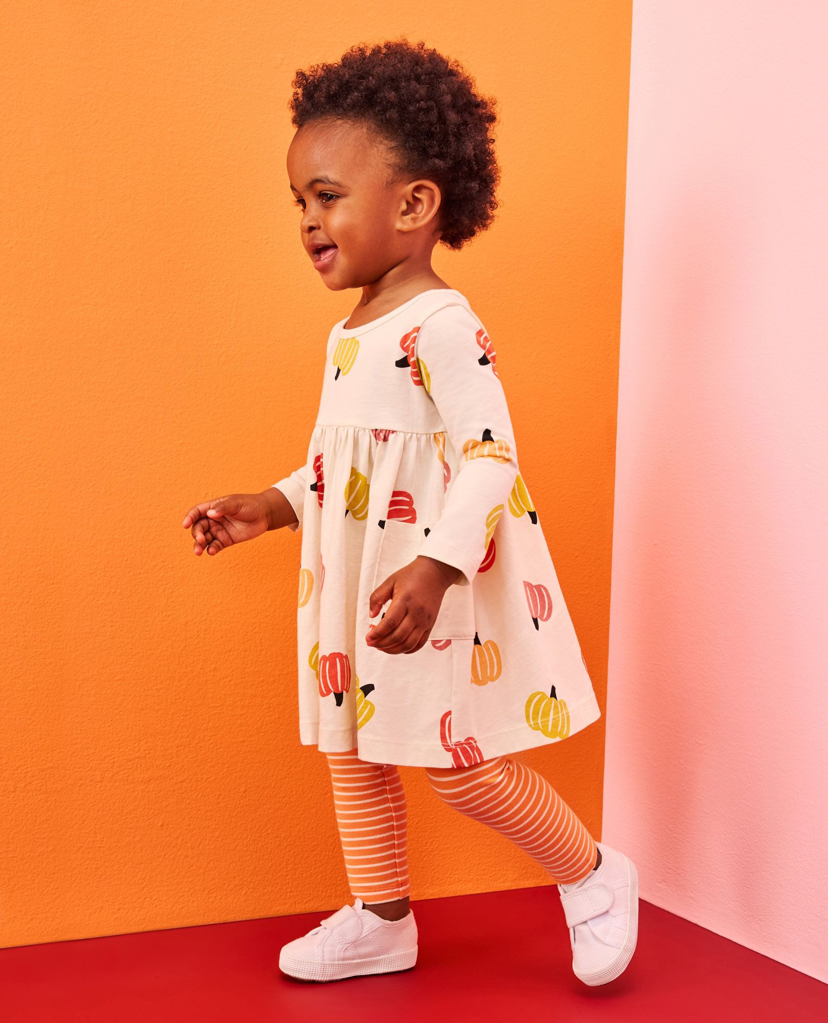 Baby Halloween Long Sleeve Pocket Dress & Leggings Set in Multi Pumpkins on Ecru - main