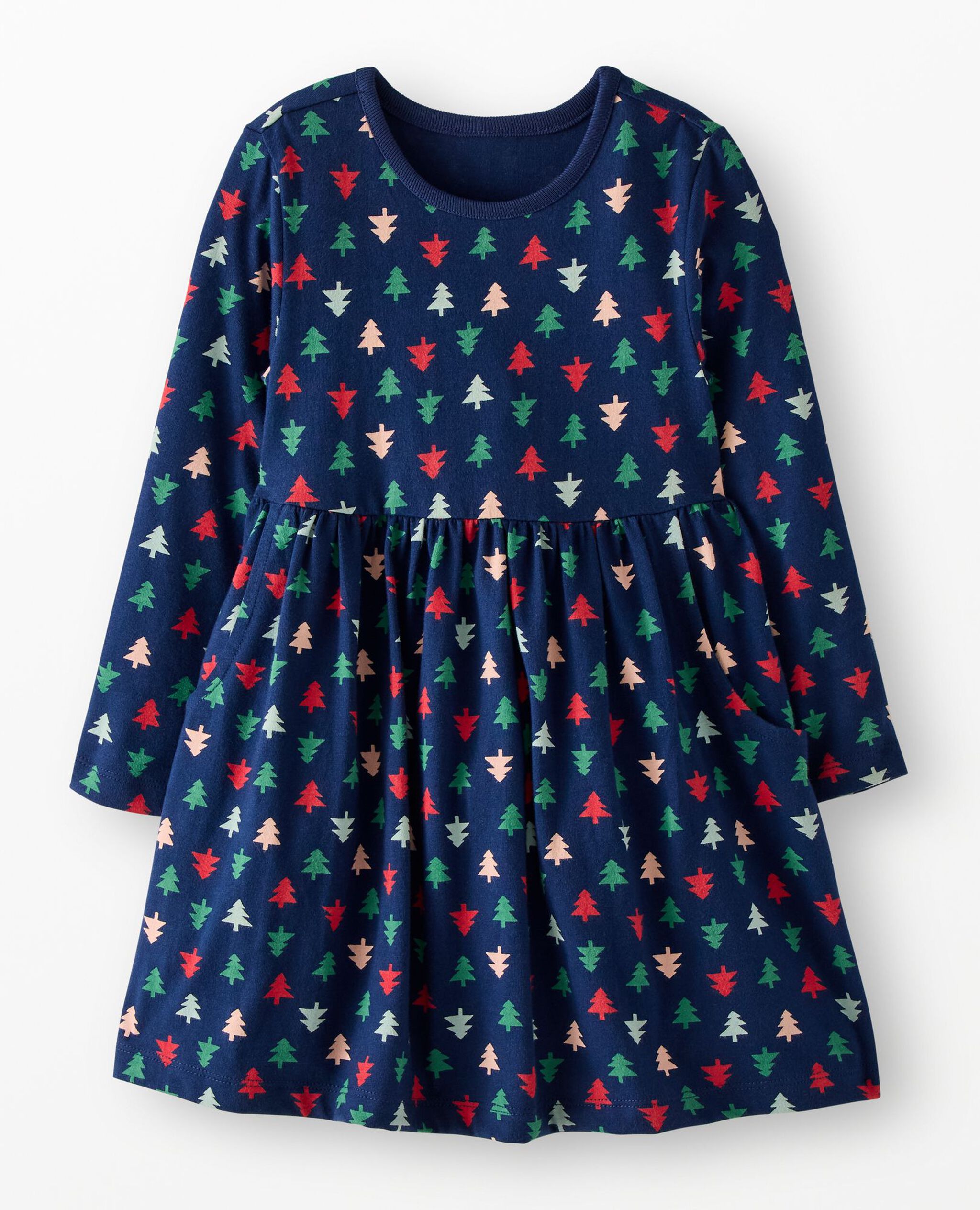 Long Sleeve Everywhere Dress with Pockets in Multi Trees on Navy Blue - main