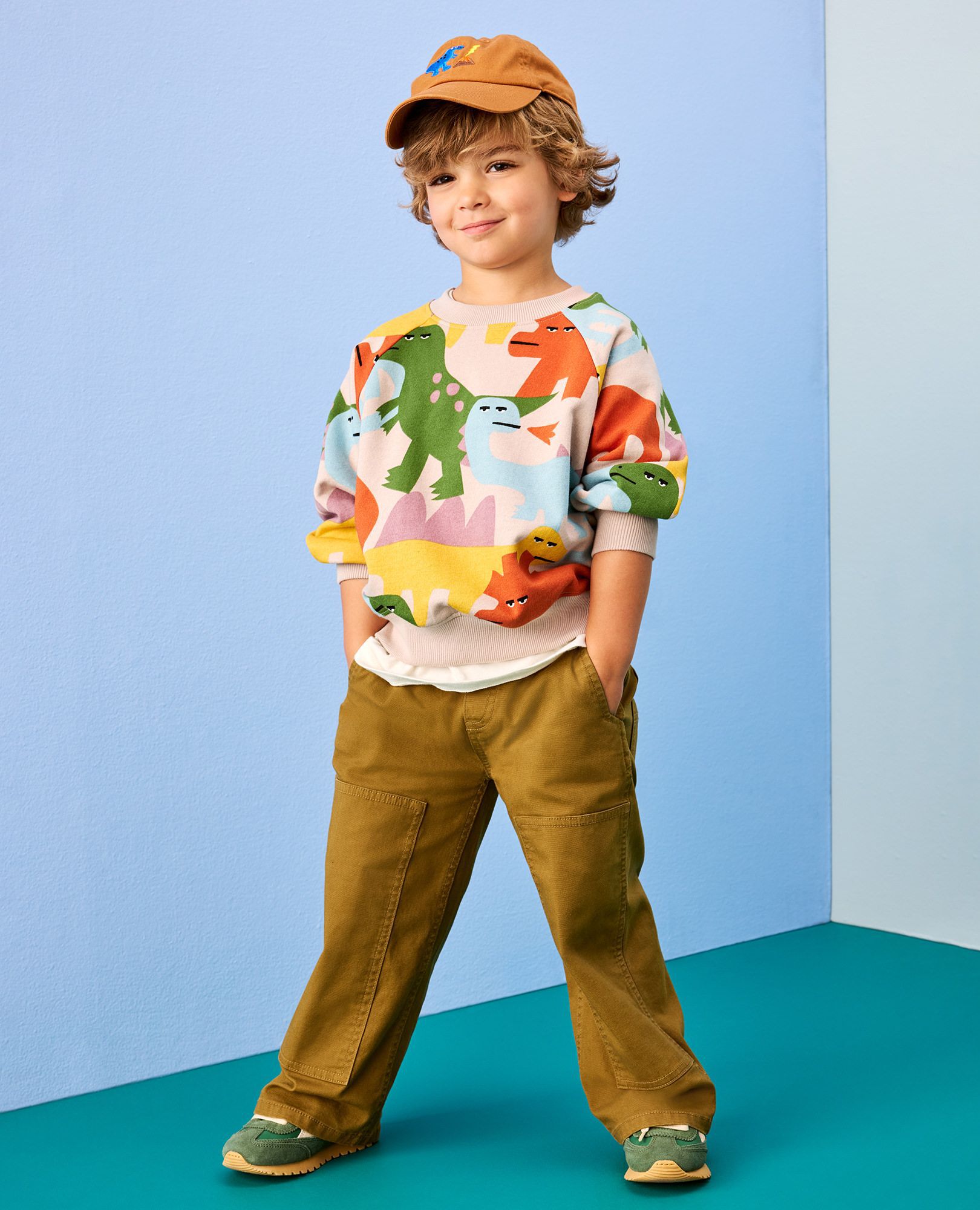 French Terry Bubble Sweatshirt in Multi Dinosaurs on Grey - main