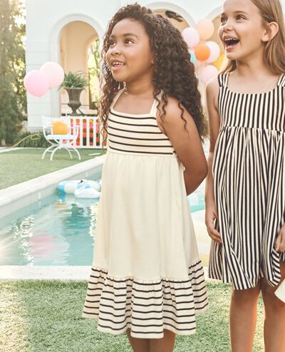 Sleeveless Striped Crossback Dress with Pockets in Ecru - main