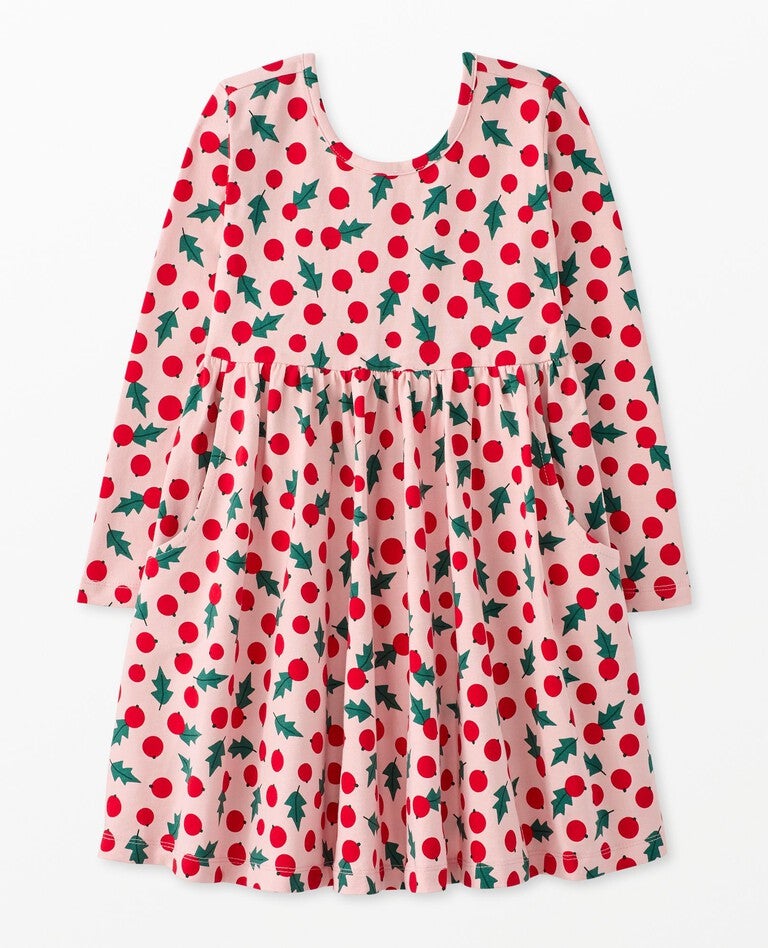 Holiday Long Sleeve Skater Dress with Pockets in Snowberries on Pink - main