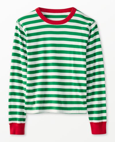 Adult Striped Long John Pajama Top in Tree Green/White/Hanna Red - main