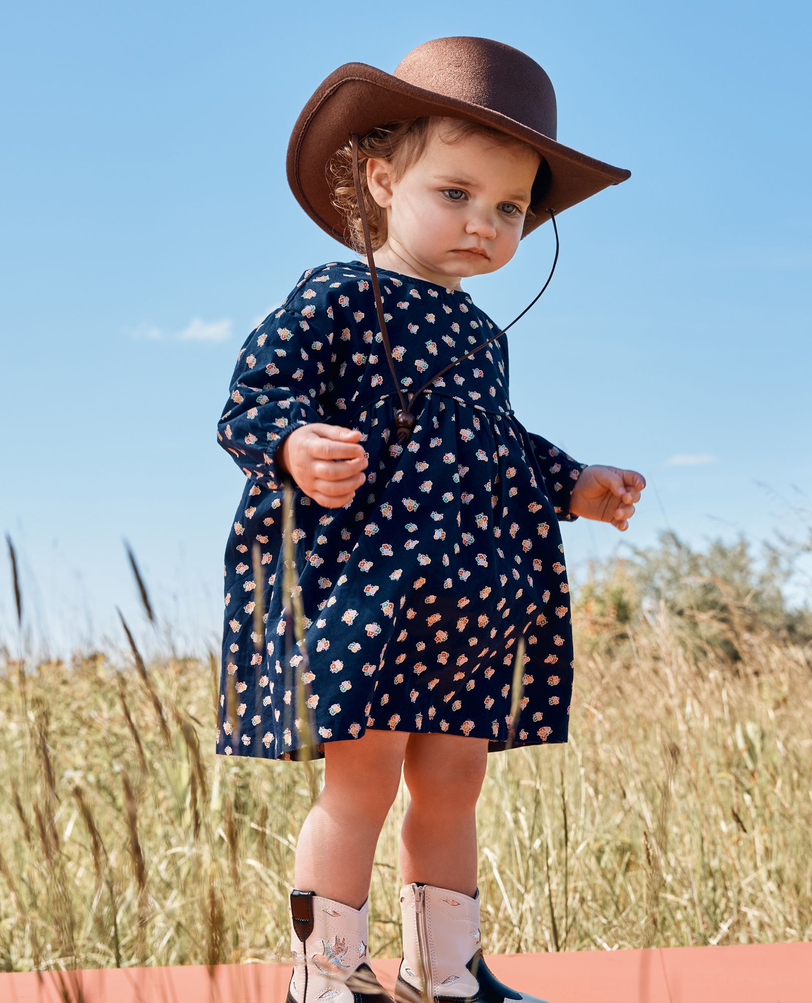 Baby Long Sleeve Poplin Dress & Bloomers Set in Flower Bunch on Navy - main