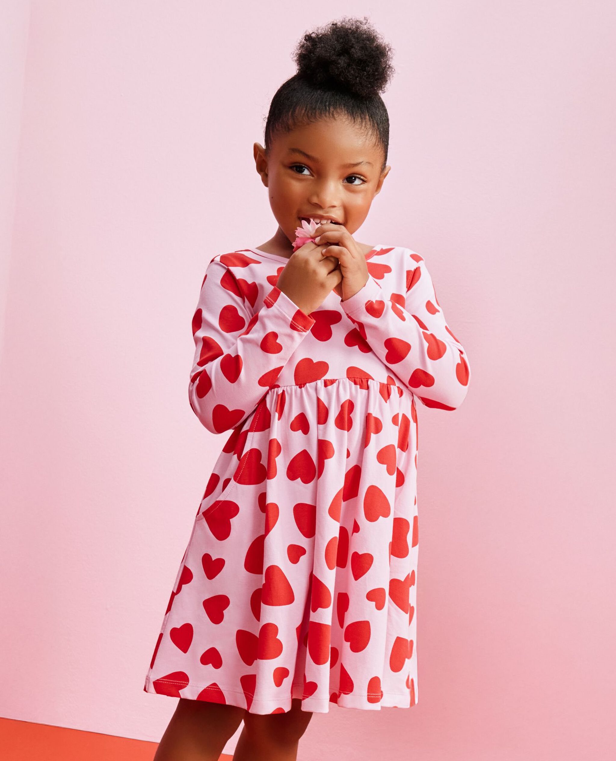 Long Sleeve Skater Dress with Pockets in Artful Hearts on Pink - main