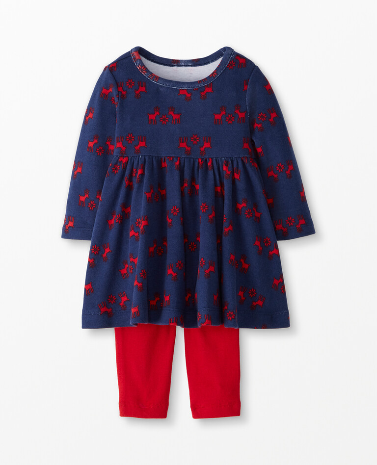 Baby Holiday Dress & Legging Set In Organic Cotton in Little Deer On Navy Blue - main