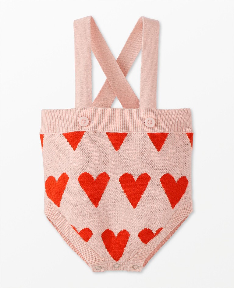 Baby Sweater Knit Strapped Romper in Hearts on Hearts on Cloud Pink - main