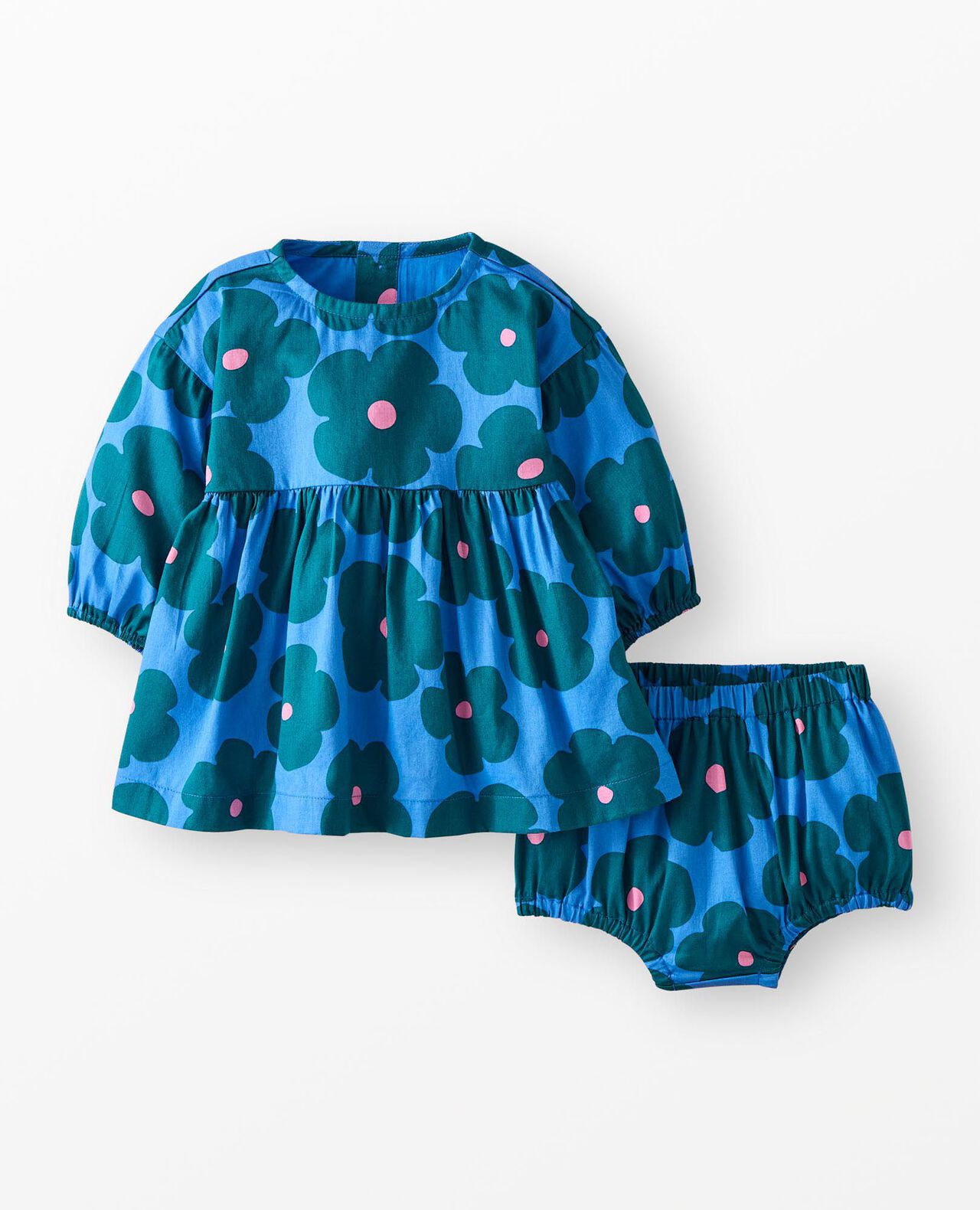 Baby Long Sleeve Twill Dress & Bloomers Set in Floral on Bluest Sky - main