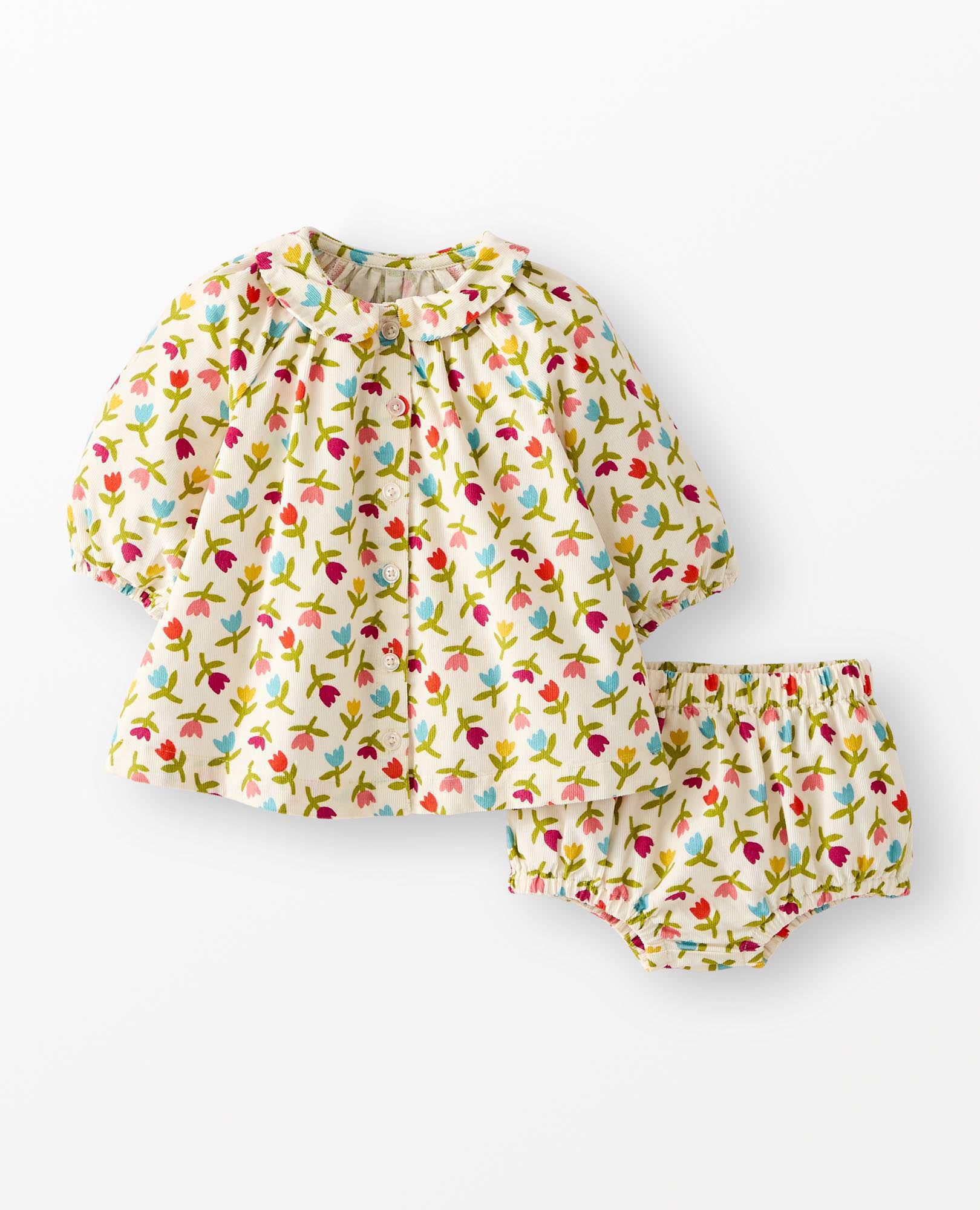 Baby Long Sleeve Corduroy Dress & Bloomers Set in Multicolor Tulips on Ecru - main
