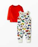 Baby Overall & Tee Set In Cotton Jersey in Ecru Trucks and Tractors - main
