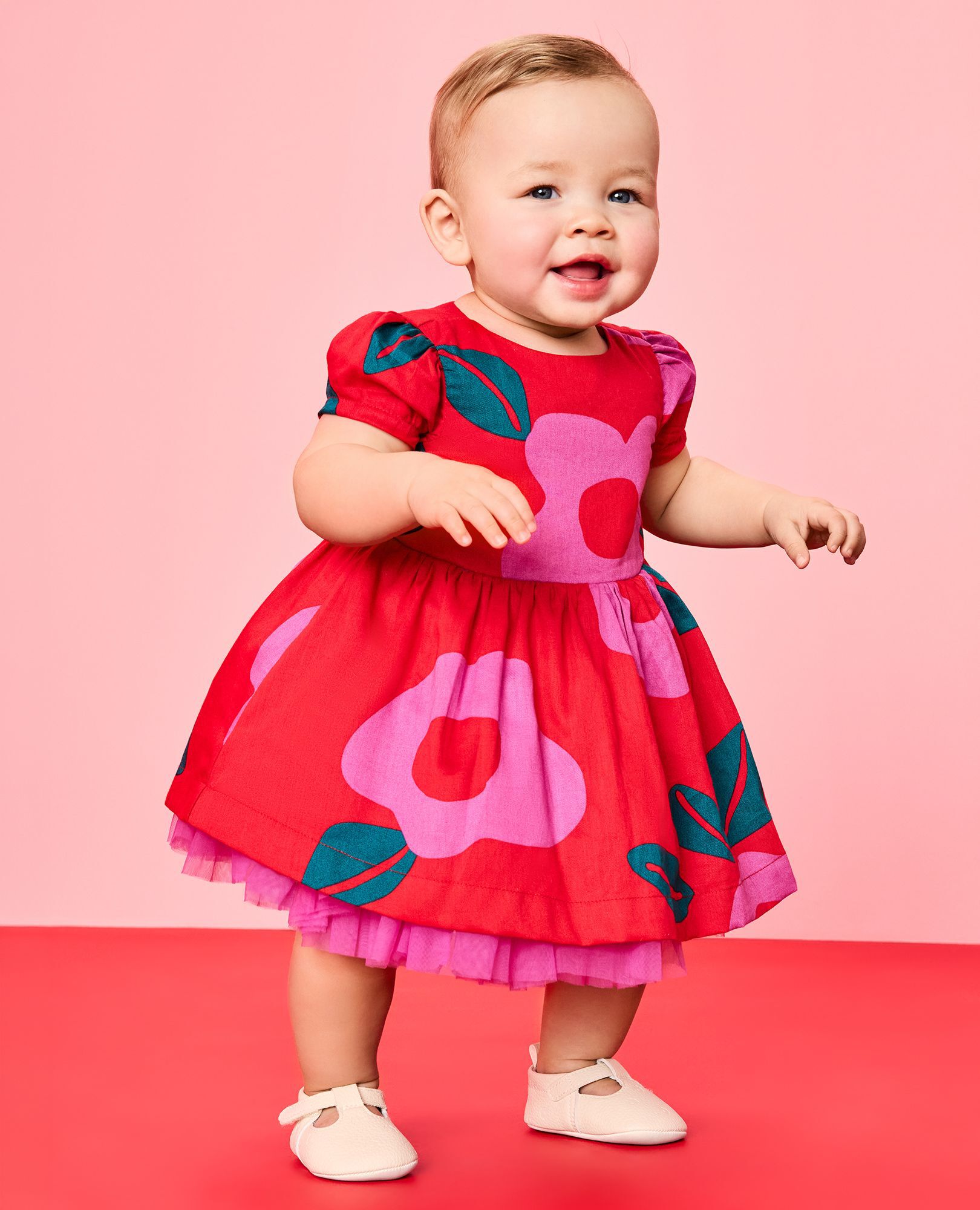 Baby Sateen Tulle Dress & Bloomers Set in Purple Orchid Holiday Floral on Ribbon Red - main