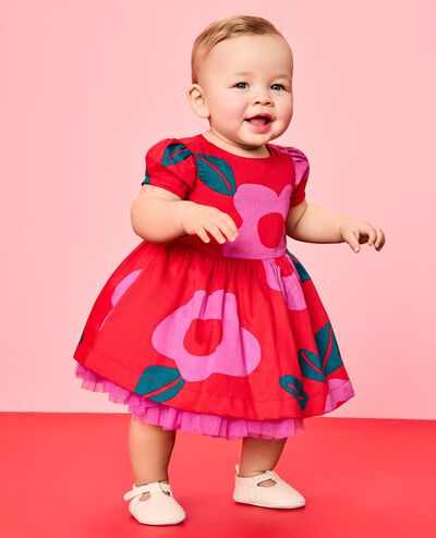Baby Sateen Tulle Dress & Bloomers Set in Purple Orchid Holiday Floral on Ribbon Red - main
