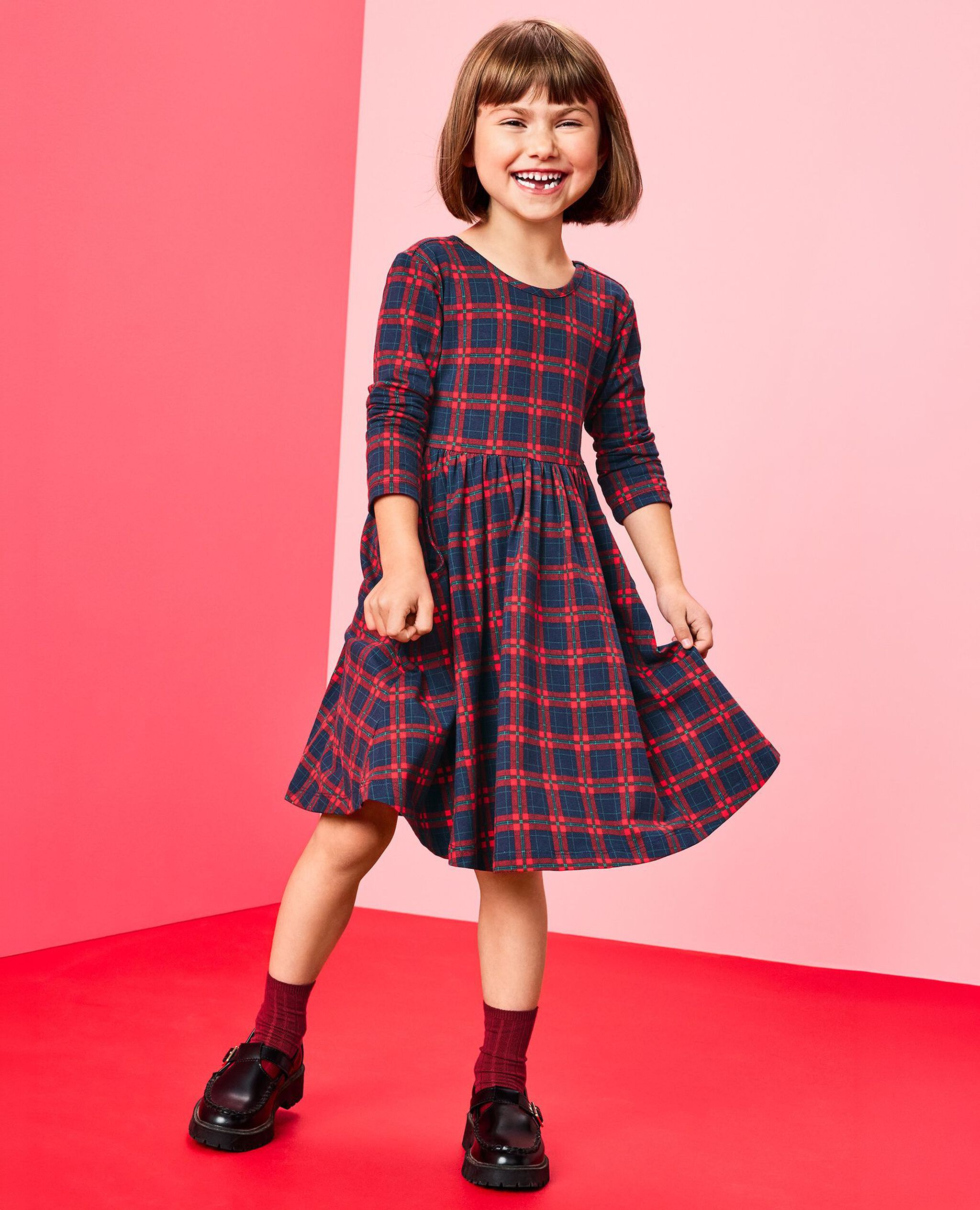 Long Sleeve Plaid Skater Dress with Pockets in Navy Holiday Plaid - main