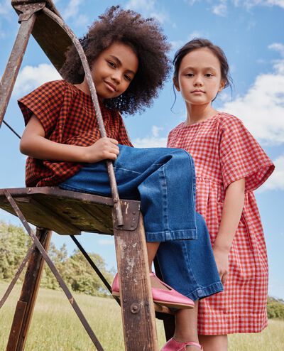 Dolman Sleeve Linen Swing Dress with Pockets in Red Ember gingham - main