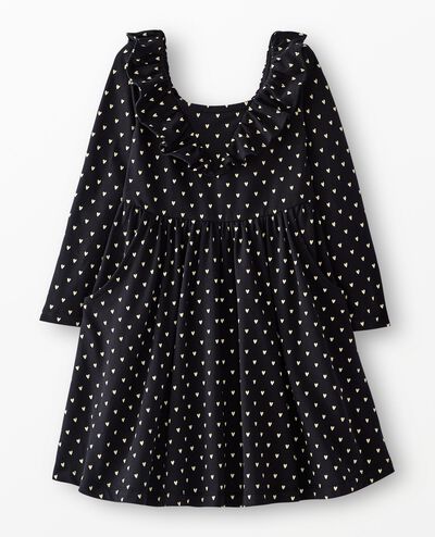 Long Sleeve Ruffle Neck Skater Dress with Pockets in  Dainty Heart on Black - main