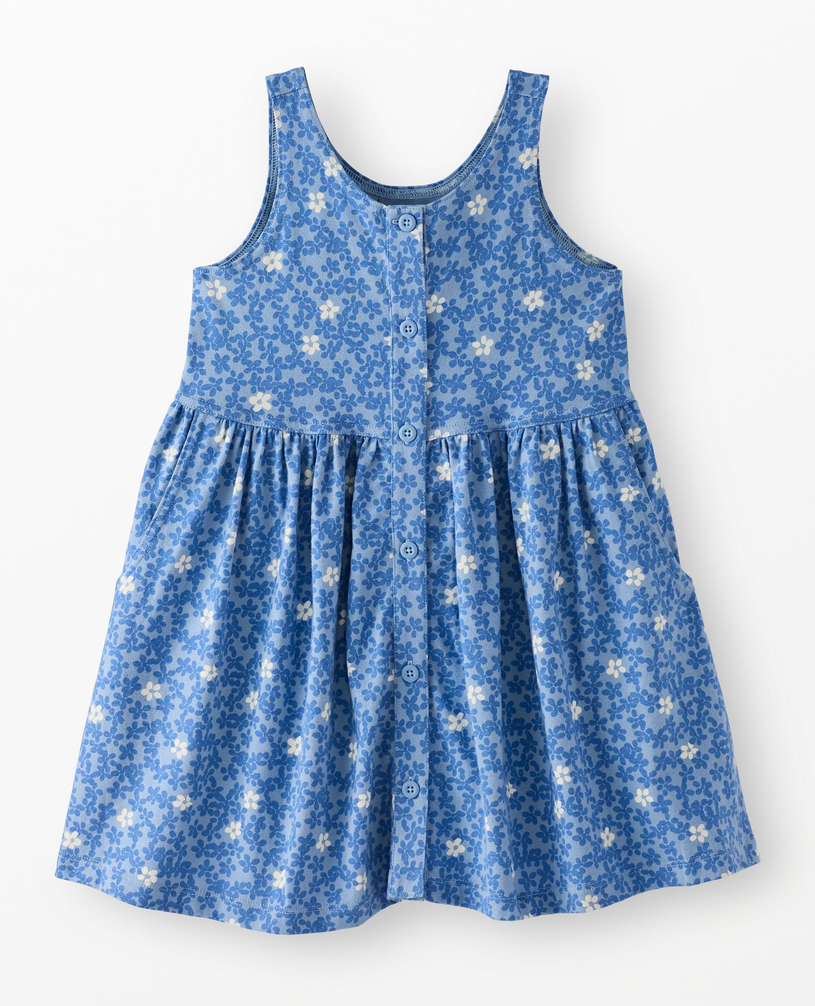 Sleeveless Button Front Dress with Pockets in Blue Flowers on Blue - main