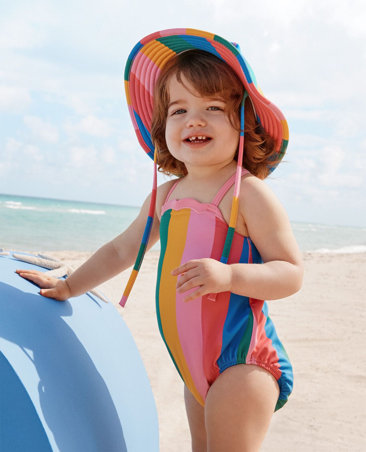 Baby One-Piece Rainbow Swimsuit & Swim Hat Set in Dark Rainbow Colorblock - main