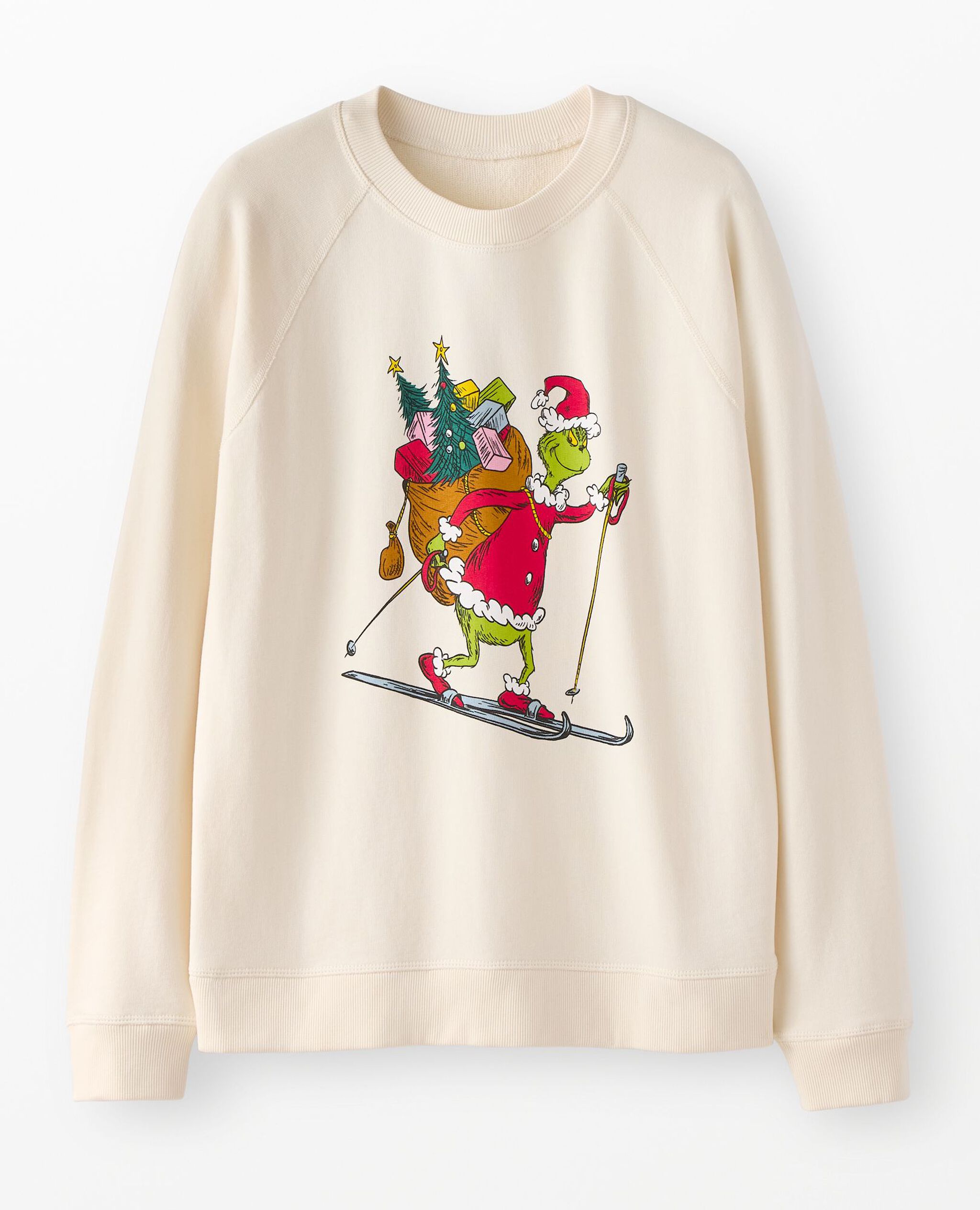 Adult Dr. Seuss Grinch French Terry Sweatshirt in Grinch Skiing on Ecru - main