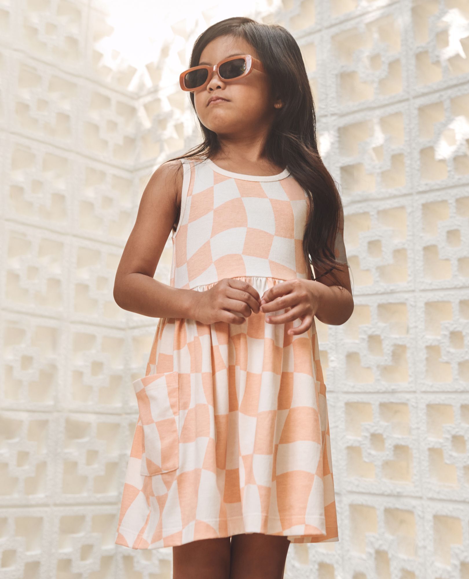 Sleeveless Playground Dress with Pockets in Pink Wavy Check - main