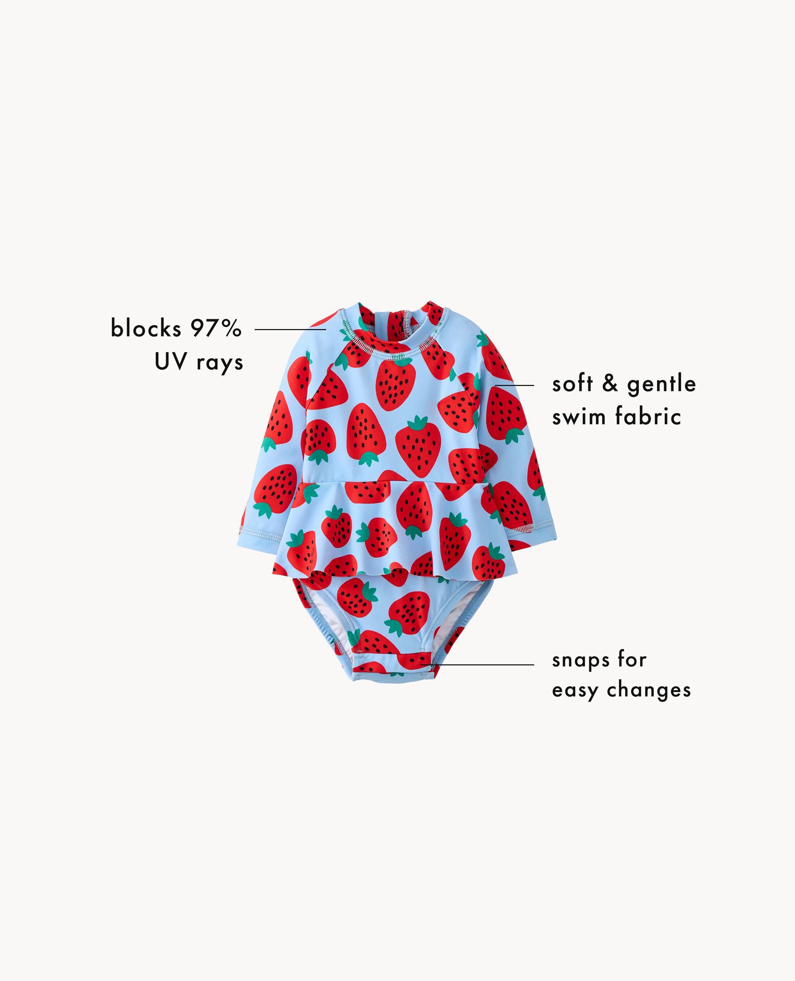 Baby One-Piece Skirted Rashguard Swimsuit in Strawberry Sweetness on Blue - main