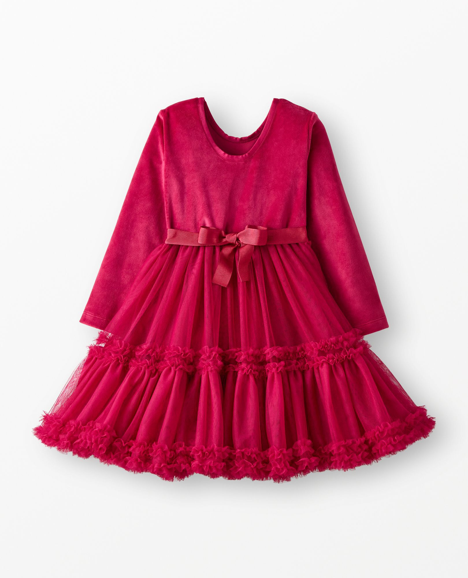 Long Sleeve Velour Tulle Tiered Dress in Raspberry - main