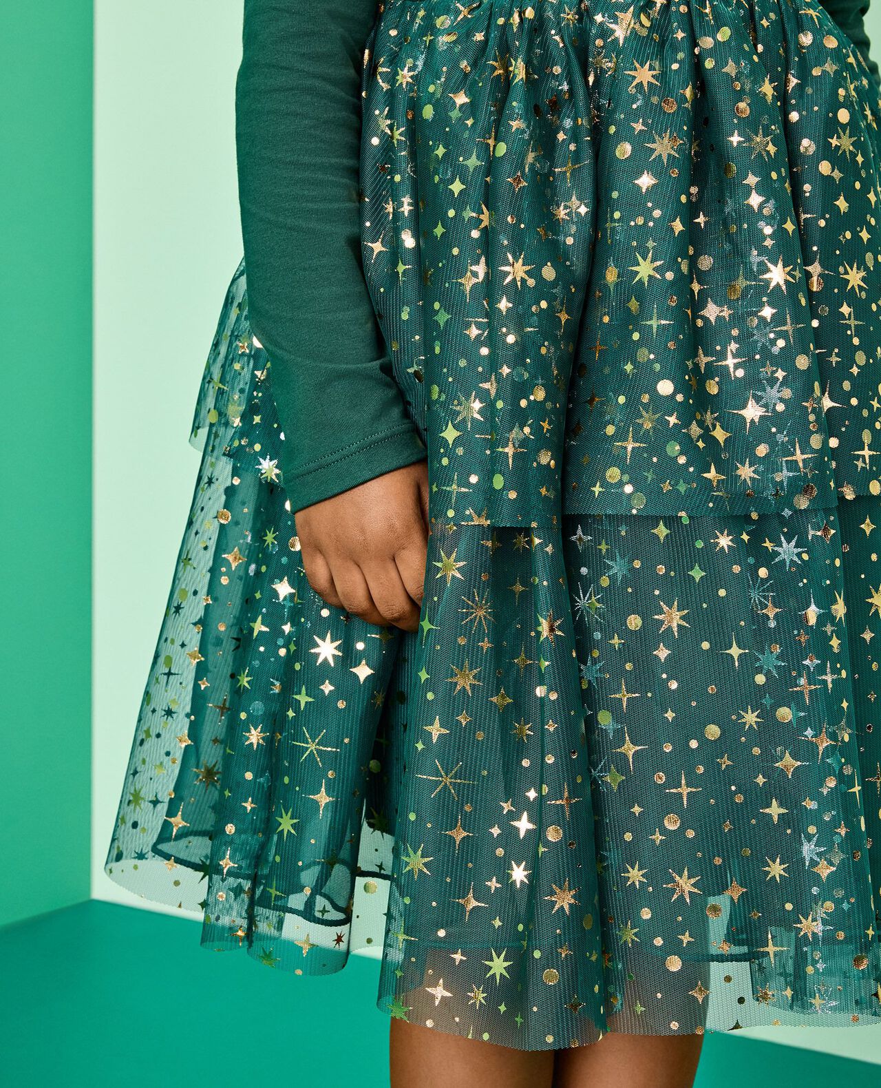 Long Sleeve Tulle Shimmer Dress in Malachite - main