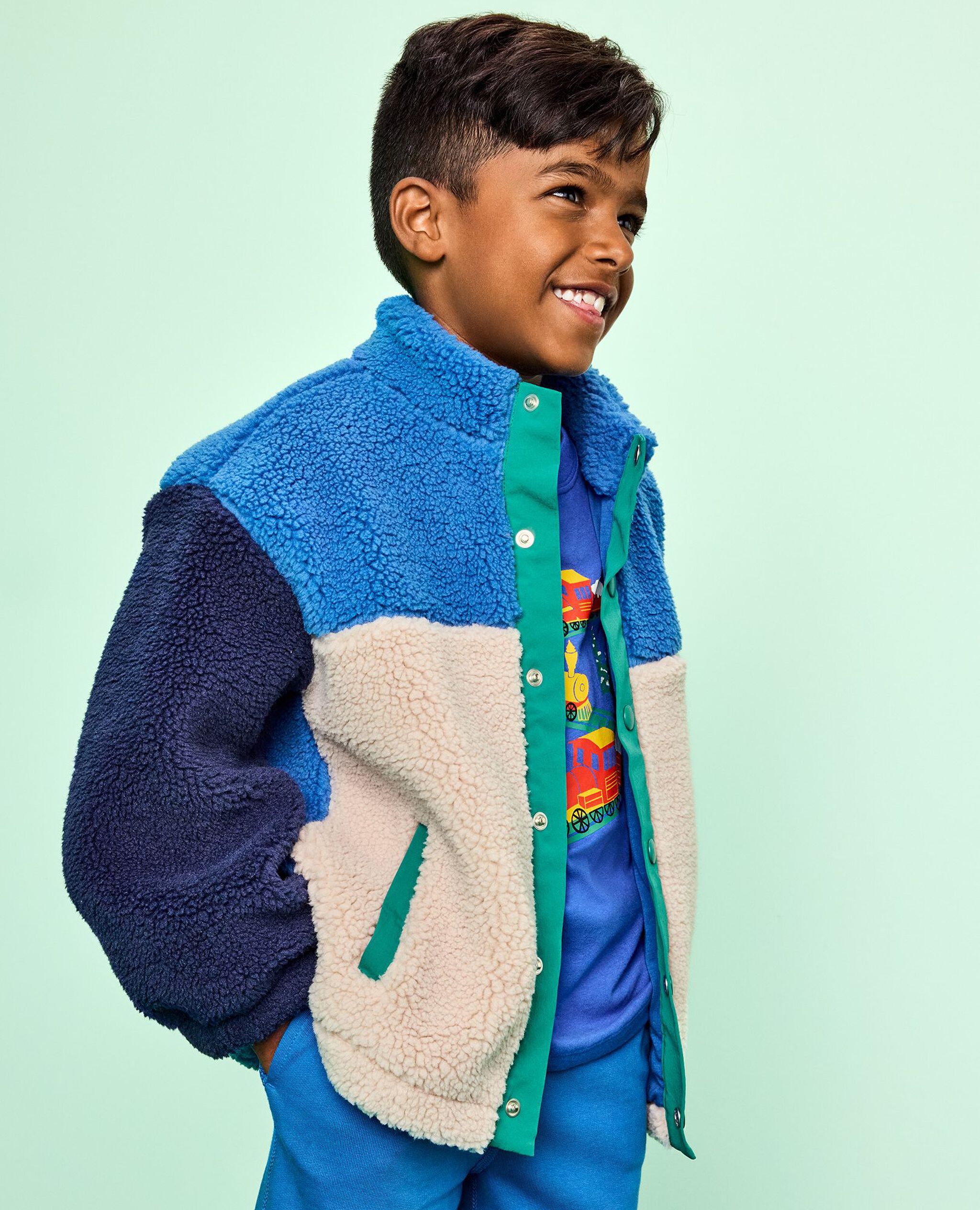 Faux Shearling Colorblock Jacket in Blue/Green Multi Colorblock - main