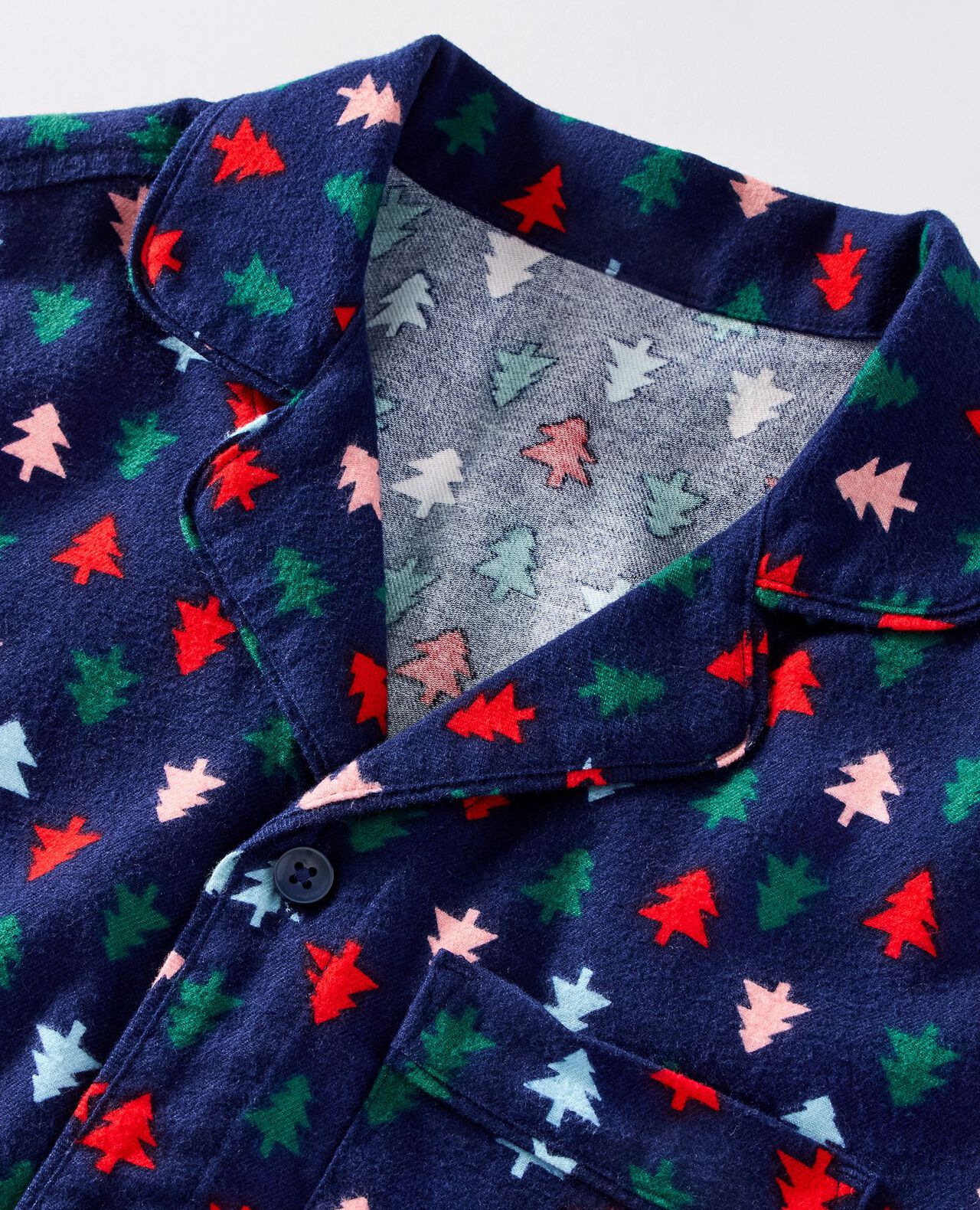 Adult Holiday Flannel Pajama Top in Multi Trees on Navy Blue - main