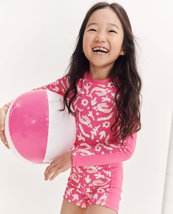 Girls' Merry Mermaids On Pink Flash One-Piece Rash Guard Swimsuit - Size Big Kids 8 by Hanna Andersson
