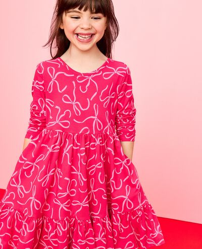 Long Sleeve Ruffle Skater Dress with Pockets in Bows on Beetroot Pink - main