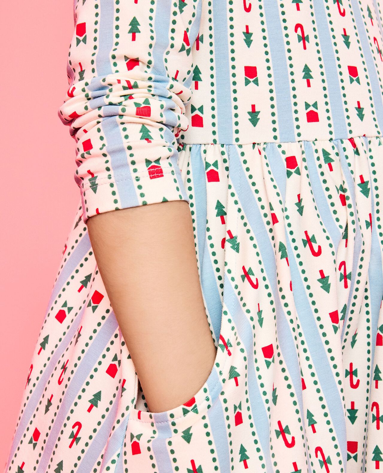 Holiday Long Sleeve Bow Collar Skater Dress with Pockets in Christmas Ribbons on Robin Egg Blue - main