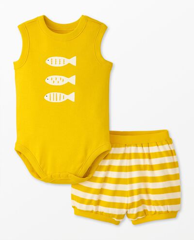 Baby Sleeveless Bodysuit & Bloomers Set in Fish on Sulfur Yellow - main