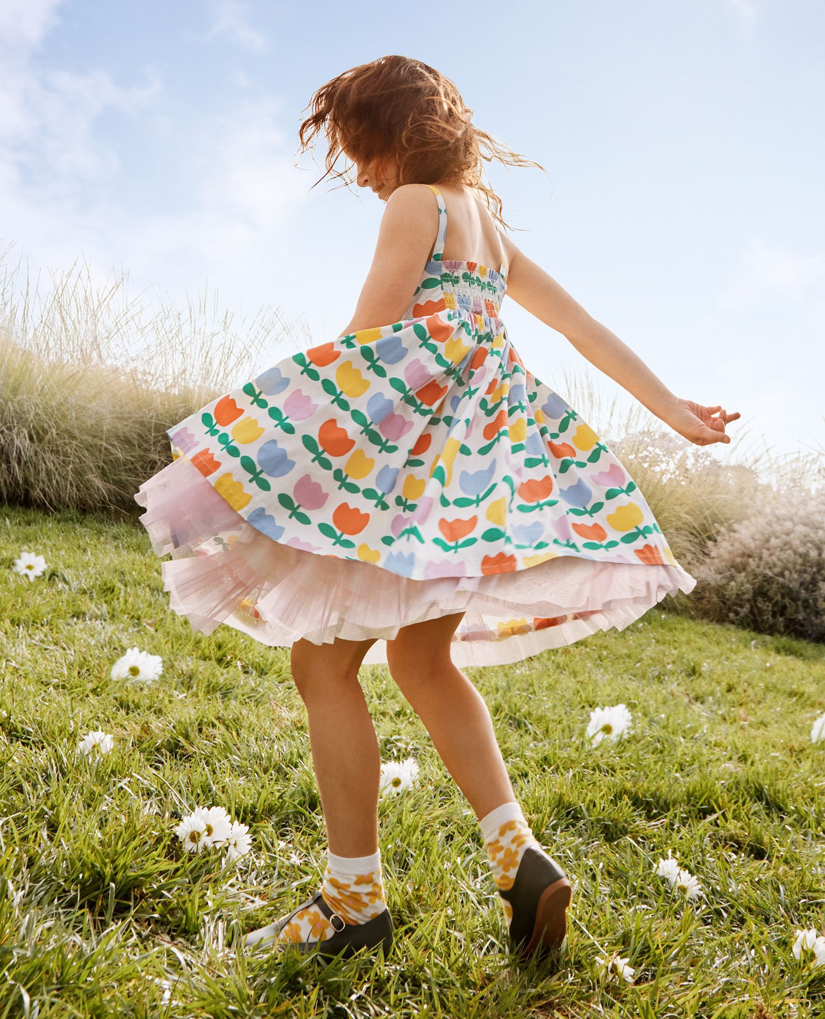 Sleeveless Poplin Dress in Rainbow Tulips - main