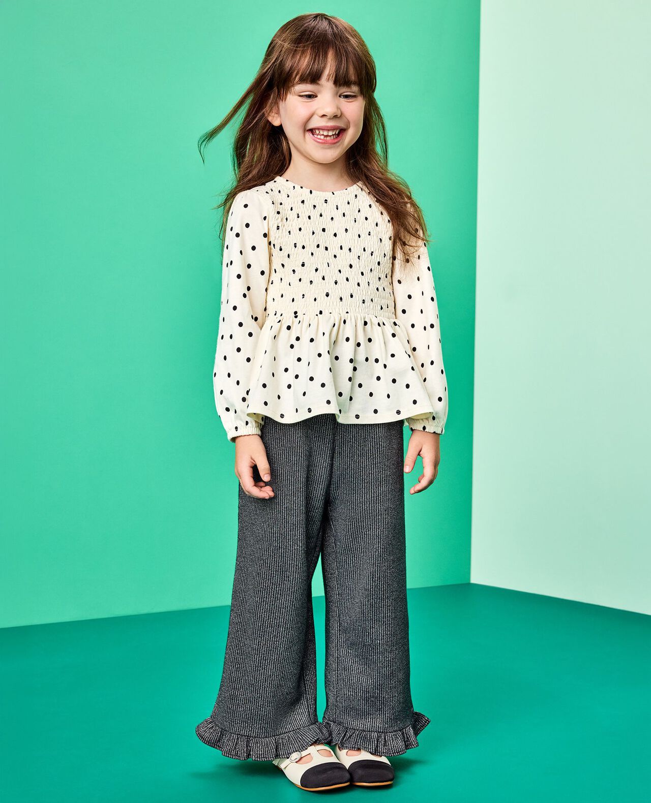 Long Sleeve Smocked Peplum Top in Black Dots on Ecru - main