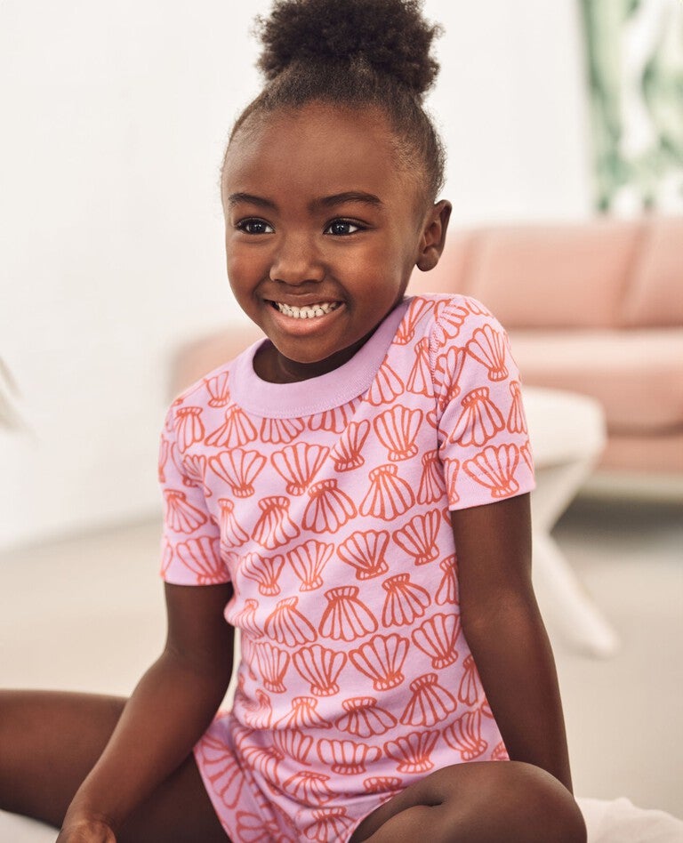 Kids Short John Pajama Set in Sunset Reef Simple Seashells on Tea Rose - main