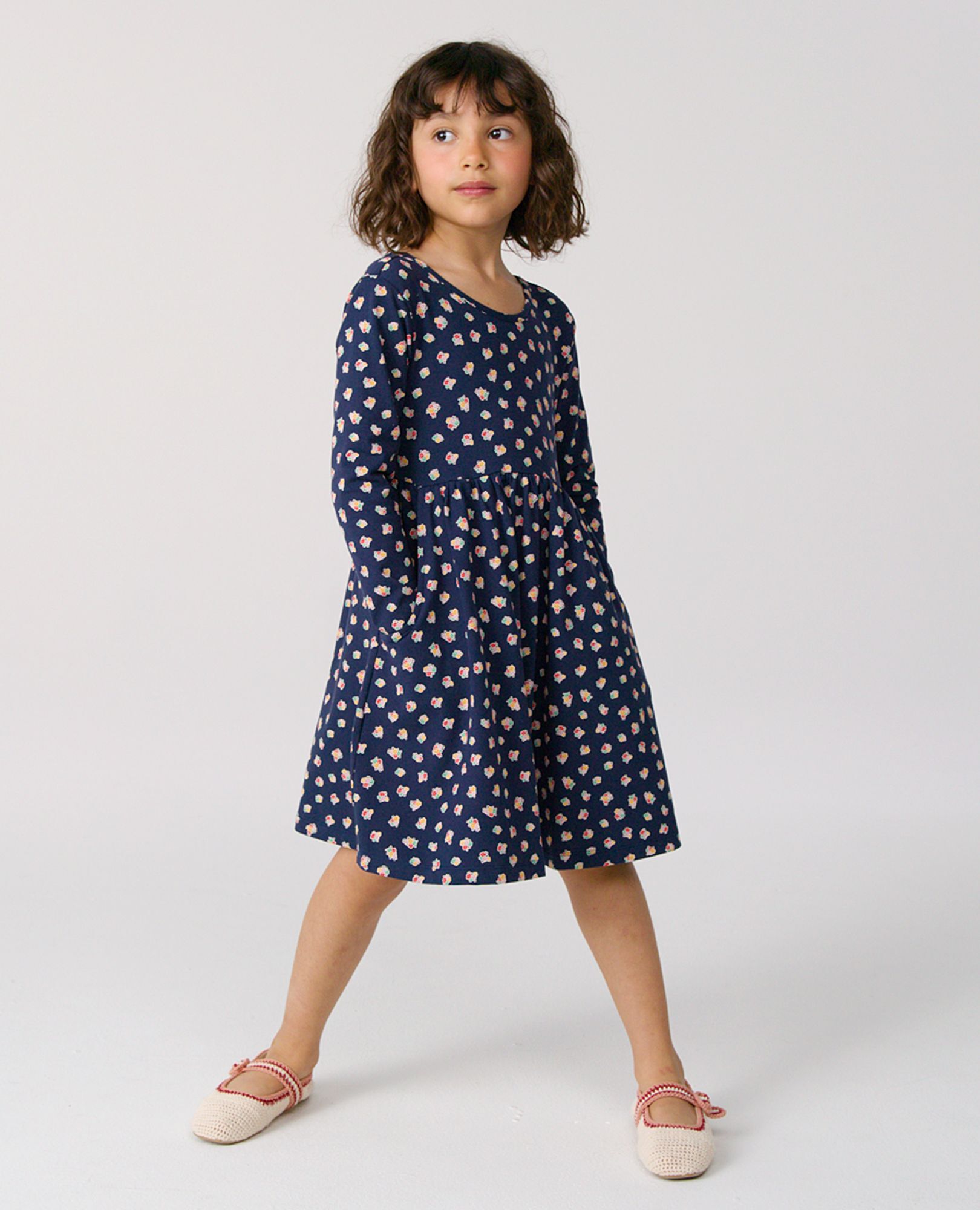 Long Sleeve Skater Dress with Pockets in Flower Bunch on Navy - main
