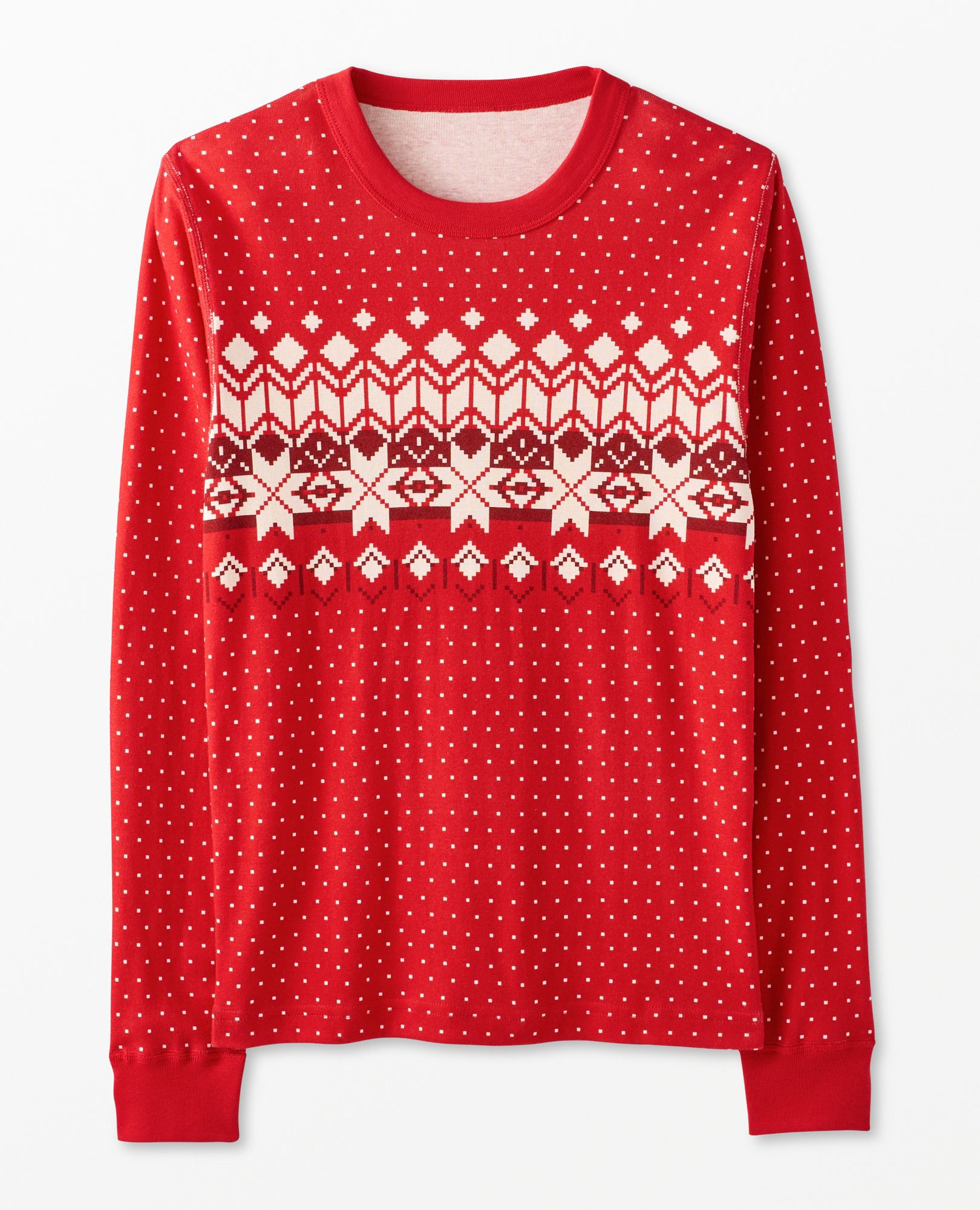 Adult Holiday Long John Pajama Top in Ribbon Red Fairisle - main