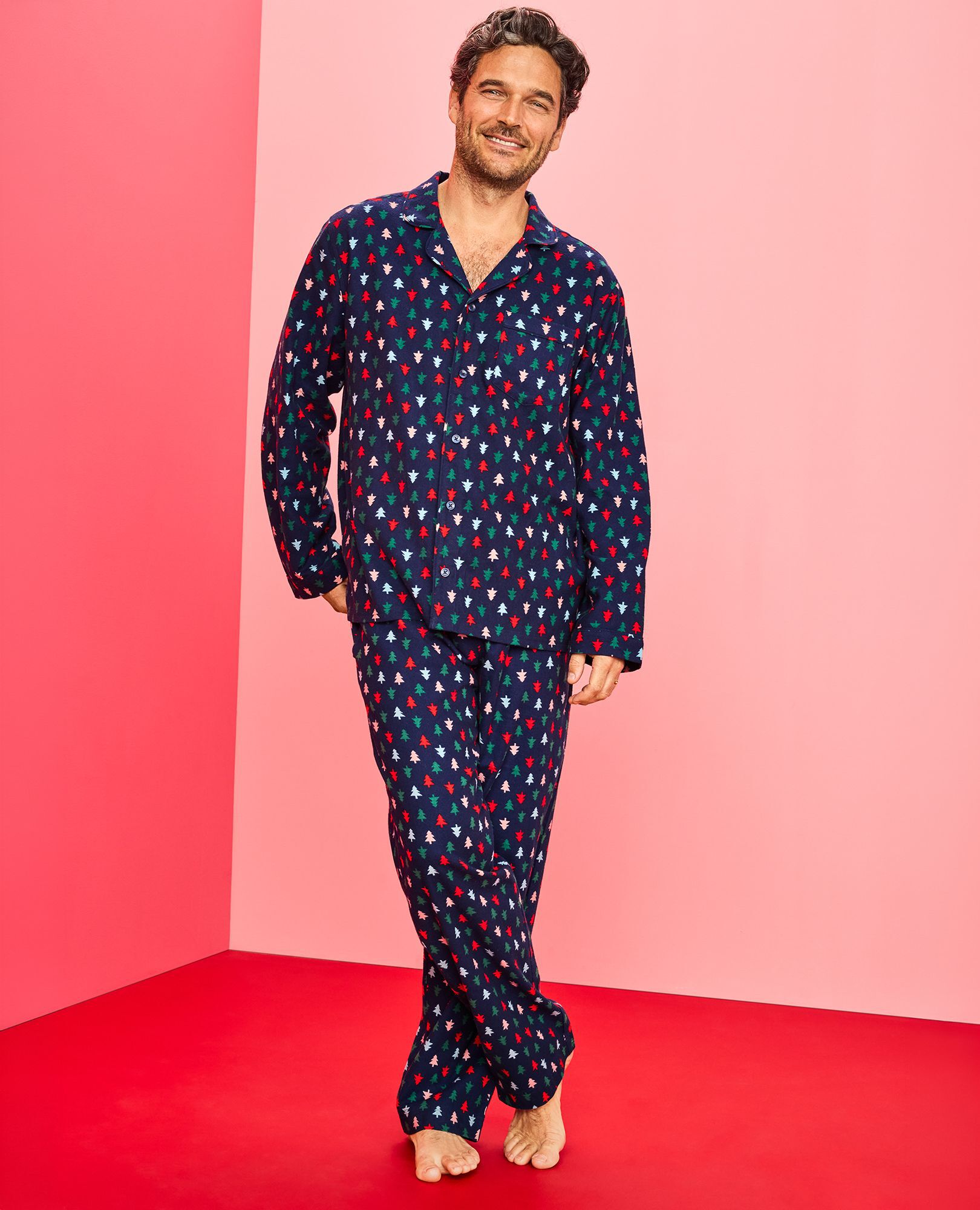 Adult Holiday Flannel Pajama Top in Multi Trees on Navy Blue - main